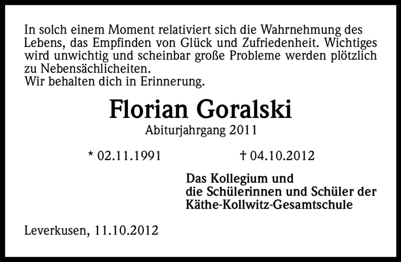  Traueranzeige für Florian Goralski vom 13.10.2012 aus Kölner Stadt-Anzeiger / Kölnische Rundschau / Express