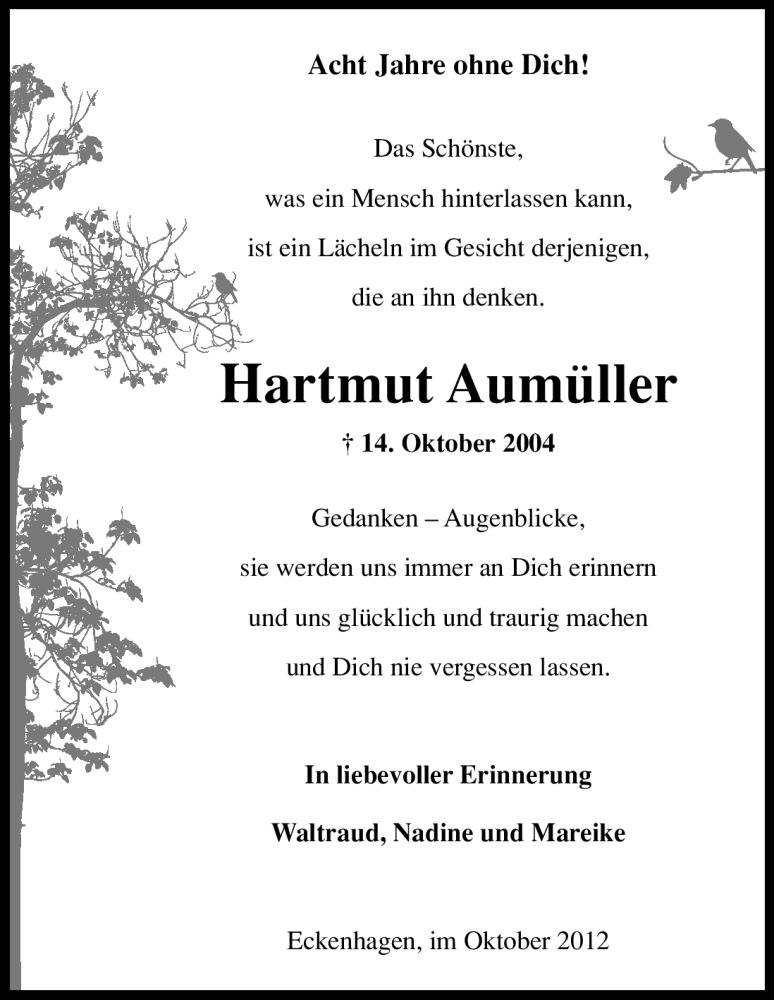  Traueranzeige für Hartmut Aumüller vom 13.10.2012 aus Kölner Stadt-Anzeiger / Kölnische Rundschau / Express