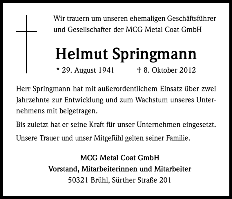  Traueranzeige für Helmut Springmann vom 13.10.2012 aus Kölner Stadt-Anzeiger / Kölnische Rundschau / Express