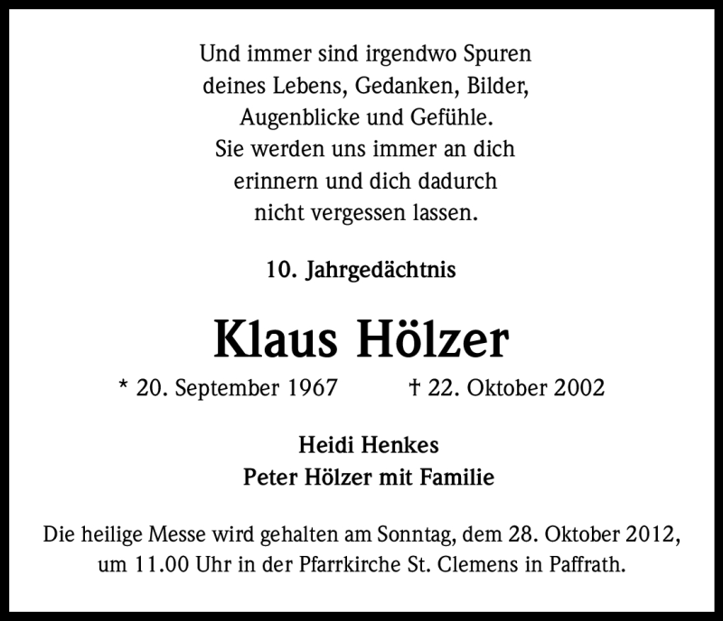  Traueranzeige für Klaus Hölzer vom 24.10.2012 aus Kölner Stadt-Anzeiger / Kölnische Rundschau / Express