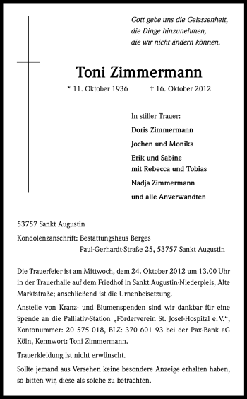 Anzeige von Toni Zimmermann von Kölner Stadt-Anzeiger / Kölnische Rundschau / Express