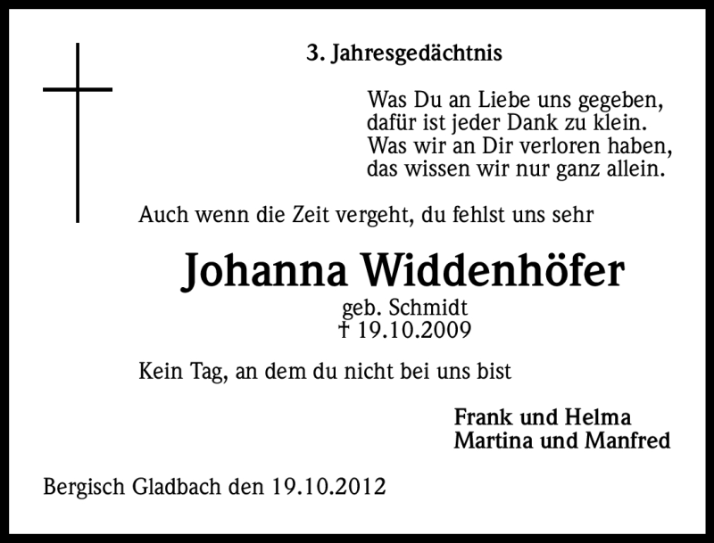  Traueranzeige für Johanna Widdenhöfer vom 19.10.2012 aus Kölner Stadt-Anzeiger / Kölnische Rundschau / Express