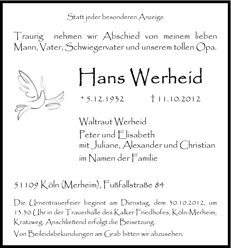  Traueranzeige für Hans Werheid vom 20.10.2012 aus Kölner Stadt-Anzeiger / Kölnische Rundschau / Express