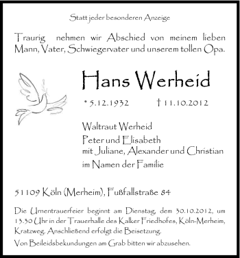 Anzeige von Hans Werheid von Kölner Stadt-Anzeiger / Kölnische Rundschau / Express