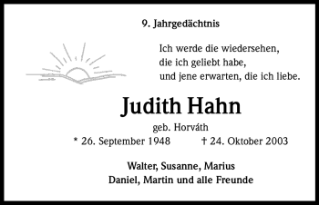Anzeige von Judith Hahn von Kölner Stadt-Anzeiger / Kölnische Rundschau / Express