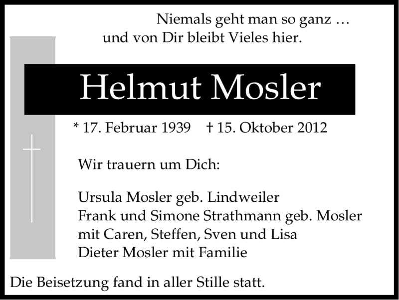  Traueranzeige für Helmut Mosler vom 20.10.2012 aus Kölner Stadt-Anzeiger / Kölnische Rundschau / Express