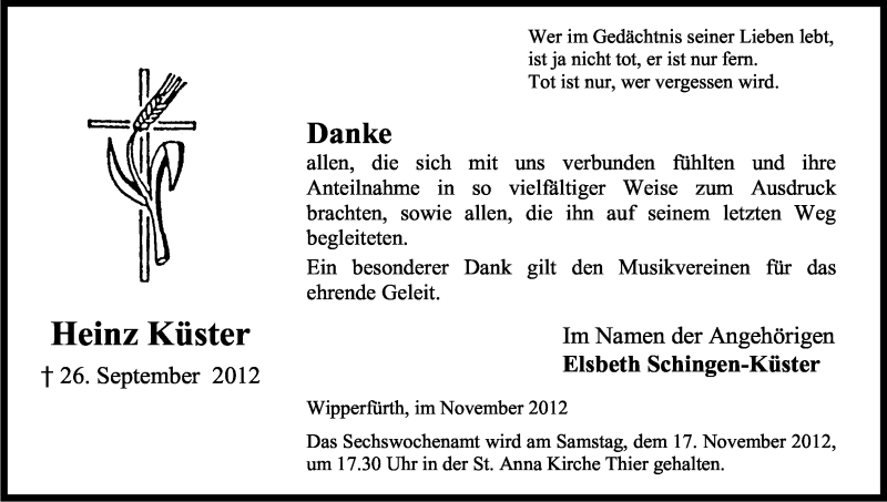  Traueranzeige für Heinz Küster vom 10.11.2012 aus Kölner Stadt-Anzeiger / Kölnische Rundschau / Express
