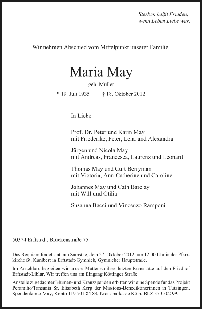  Traueranzeige für Maria May vom 24.10.2012 aus Kölner Stadt-Anzeiger / Kölnische Rundschau / Express