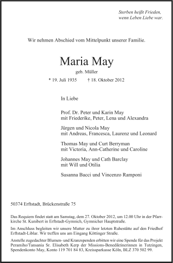 Anzeige von Maria May von Kölner Stadt-Anzeiger / Kölnische Rundschau / Express