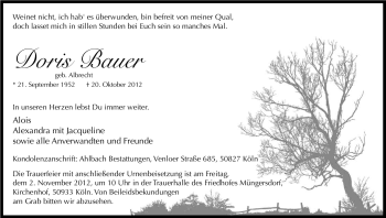 Anzeige von Doris Bauer von Kölner Stadt-Anzeiger / Kölnische Rundschau / Express