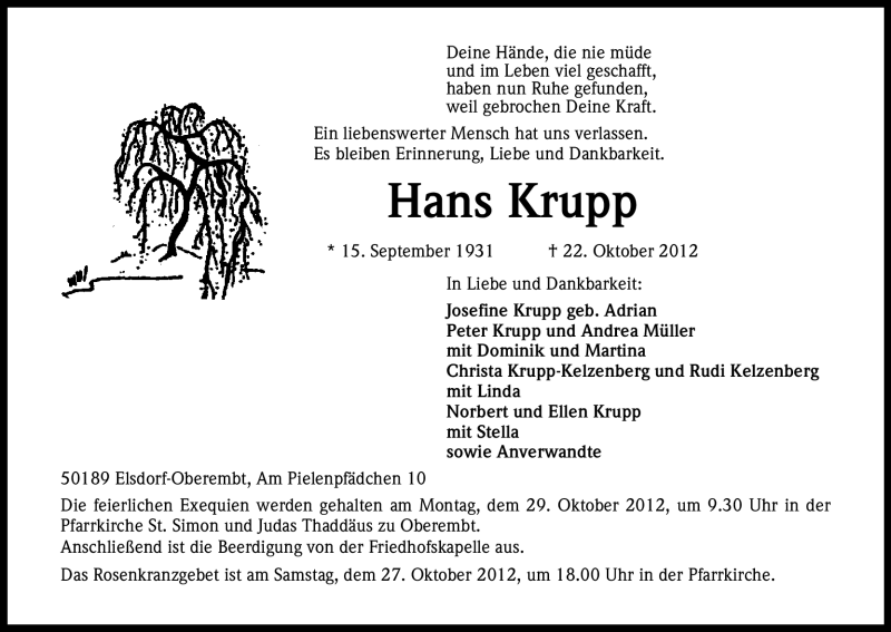  Traueranzeige für Hans Krupp vom 26.10.2012 aus Kölner Stadt-Anzeiger / Kölnische Rundschau / Express