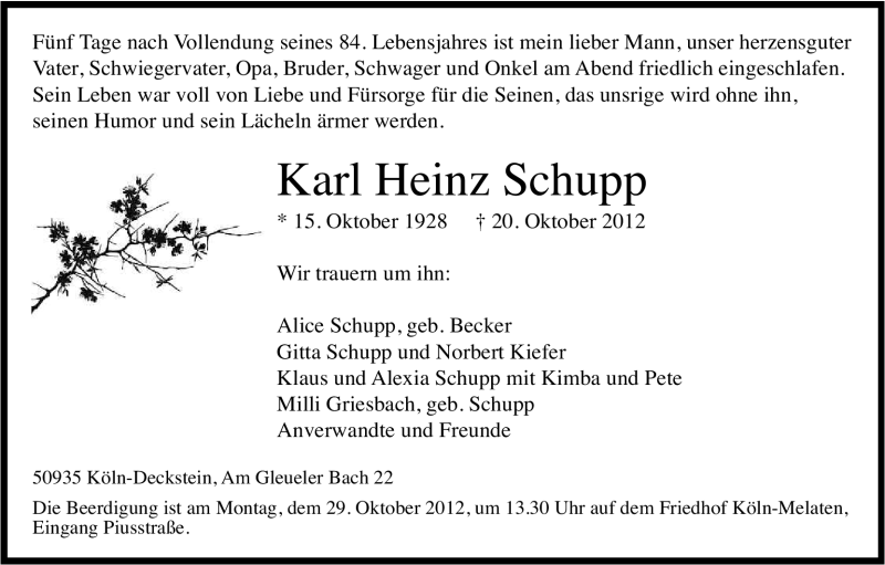  Traueranzeige für Karl Heinz Schupp vom 25.10.2012 aus Kölner Stadt-Anzeiger / Kölnische Rundschau / Express
