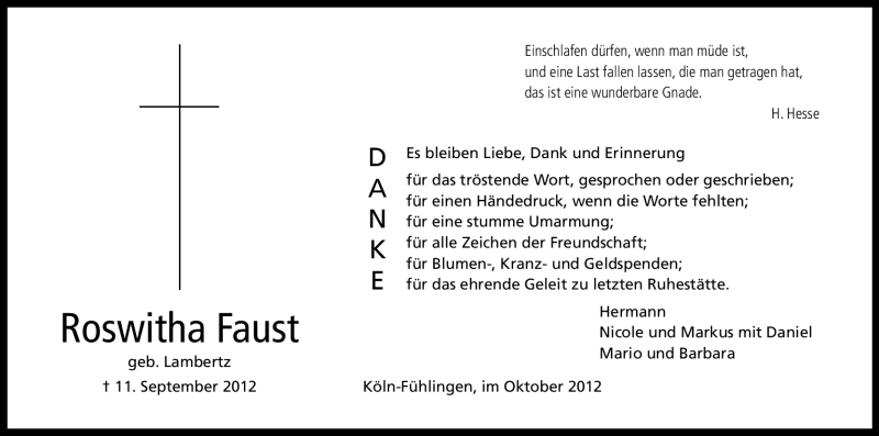  Traueranzeige für Roswitha Faust vom 27.10.2012 aus Kölner Stadt-Anzeiger / Kölnische Rundschau / Express