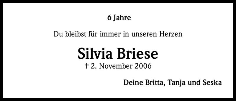  Traueranzeige für Silvia Briese vom 03.11.2012 aus Kölner Stadt-Anzeiger / Kölnische Rundschau / Express
