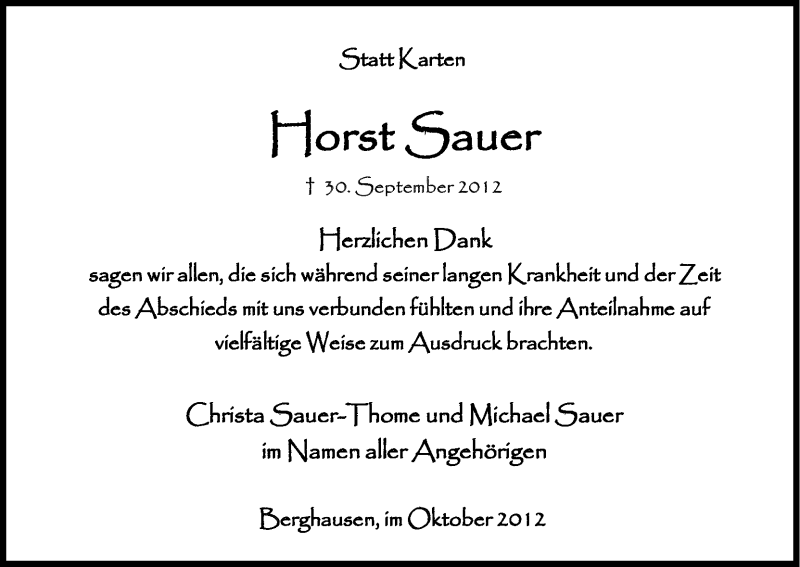  Traueranzeige für Horst Sauer vom 27.10.2012 aus Kölner Stadt-Anzeiger / Kölnische Rundschau / Express