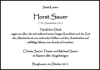Anzeige von Horst Sauer von Kölner Stadt-Anzeiger / Kölnische Rundschau / Express