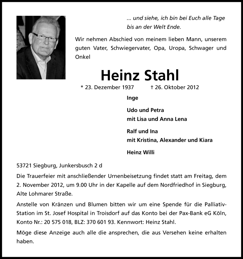  Traueranzeige für Heinz Stahl vom 30.10.2012 aus Kölner Stadt-Anzeiger / Kölnische Rundschau / Express