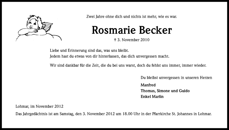  Traueranzeige für Rosmarie Becker vom 01.11.2012 aus Kölner Stadt-Anzeiger / Kölnische Rundschau / Express