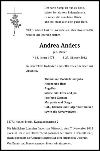 Anzeige von Andrea Anders von Kölner Stadt-Anzeiger / Kölnische Rundschau / Express