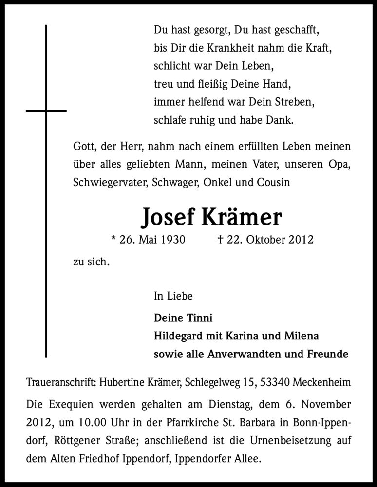  Traueranzeige für Josef Krämer vom 03.11.2012 aus Kölner Stadt-Anzeiger / Kölnische Rundschau / Express