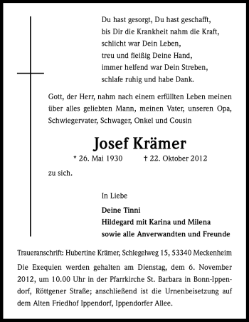 Anzeige von Josef Krämer von Kölner Stadt-Anzeiger / Kölnische Rundschau / Express