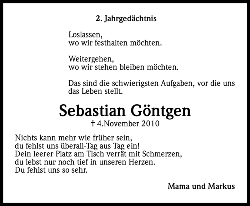  Traueranzeige für Sebastian Göntgen vom 03.11.2012 aus Kölner Stadt-Anzeiger / Kölnische Rundschau / Express