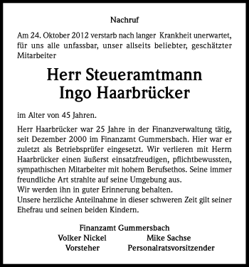 Anzeige von Ingo Haarbrücker von Kölner Stadt-Anzeiger / Kölnische Rundschau / Express