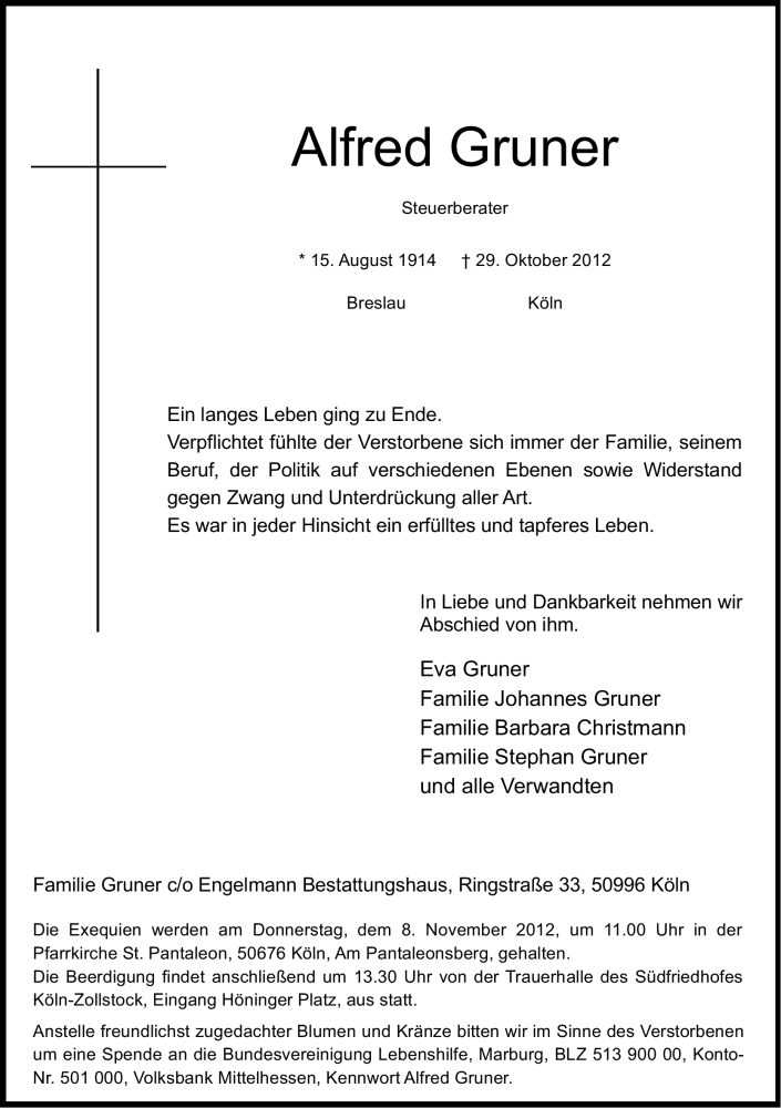  Traueranzeige für Alfred Gruner vom 03.11.2012 aus Kölner Stadt-Anzeiger / Kölnische Rundschau / Express