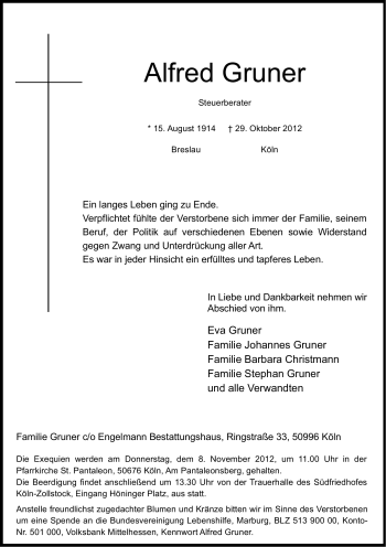 Anzeige von Alfred Gruner von Kölner Stadt-Anzeiger / Kölnische Rundschau / Express