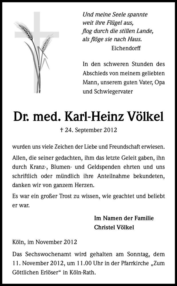  Traueranzeige für Karl-Heinz Völkel vom 03.11.2012 aus Kölner Stadt-Anzeiger / Kölnische Rundschau / Express