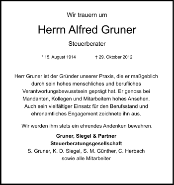 Anzeige von Alfred Gruner von Kölner Stadt-Anzeiger / Kölnische Rundschau / Express