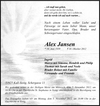 Anzeige von Alex Jansen von Kölner Stadt-Anzeiger / Kölnische Rundschau / Express