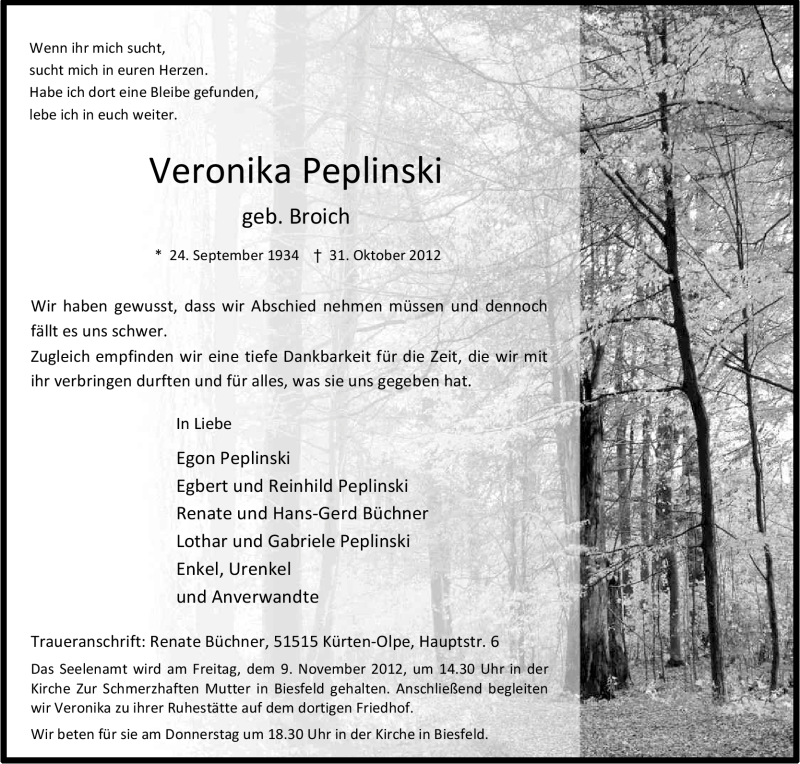  Traueranzeige für Veronika Peplinski vom 03.11.2012 aus Kölner Stadt-Anzeiger / Kölnische Rundschau / Express