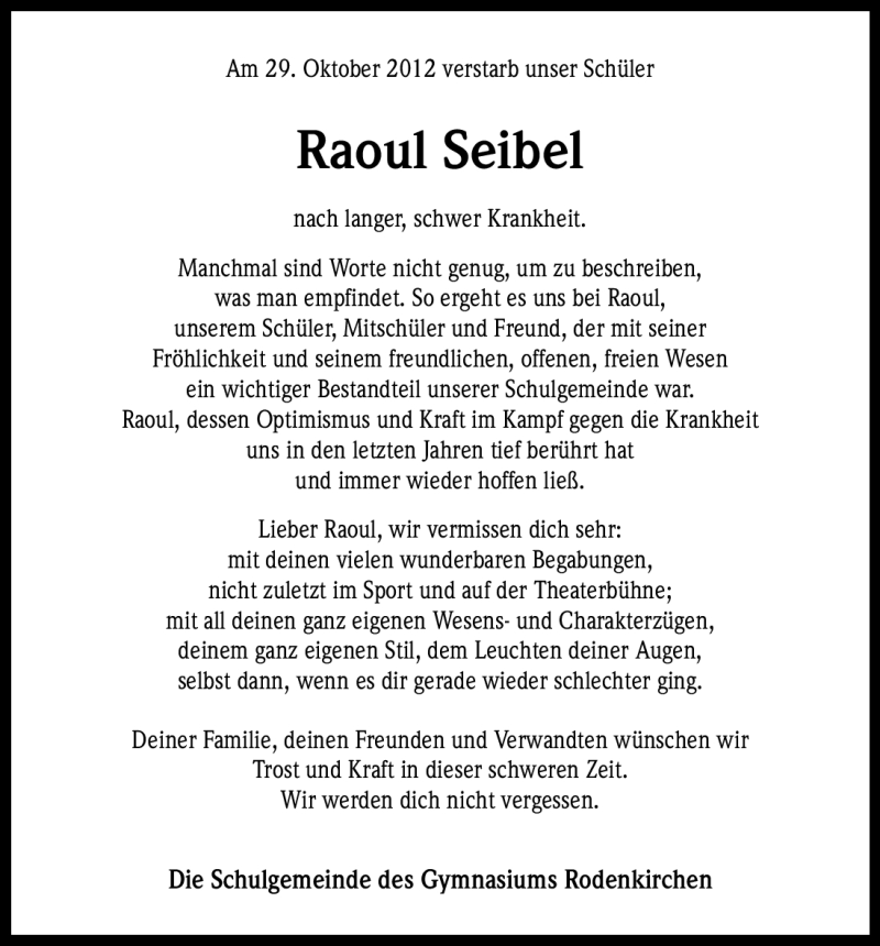  Traueranzeige für Raoul Seibel vom 07.11.2012 aus Kölner Stadt-Anzeiger / Kölnische Rundschau / Express
