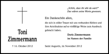 Anzeige von Toni Zimmermann von Kölner Stadt-Anzeiger / Kölnische Rundschau / Express
