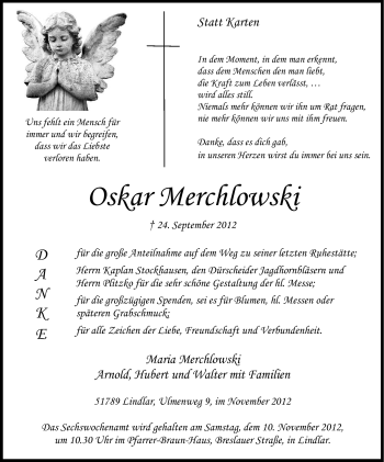 Anzeige von Oskar Merchlowski von Kölner Stadt-Anzeiger / Kölnische Rundschau / Express