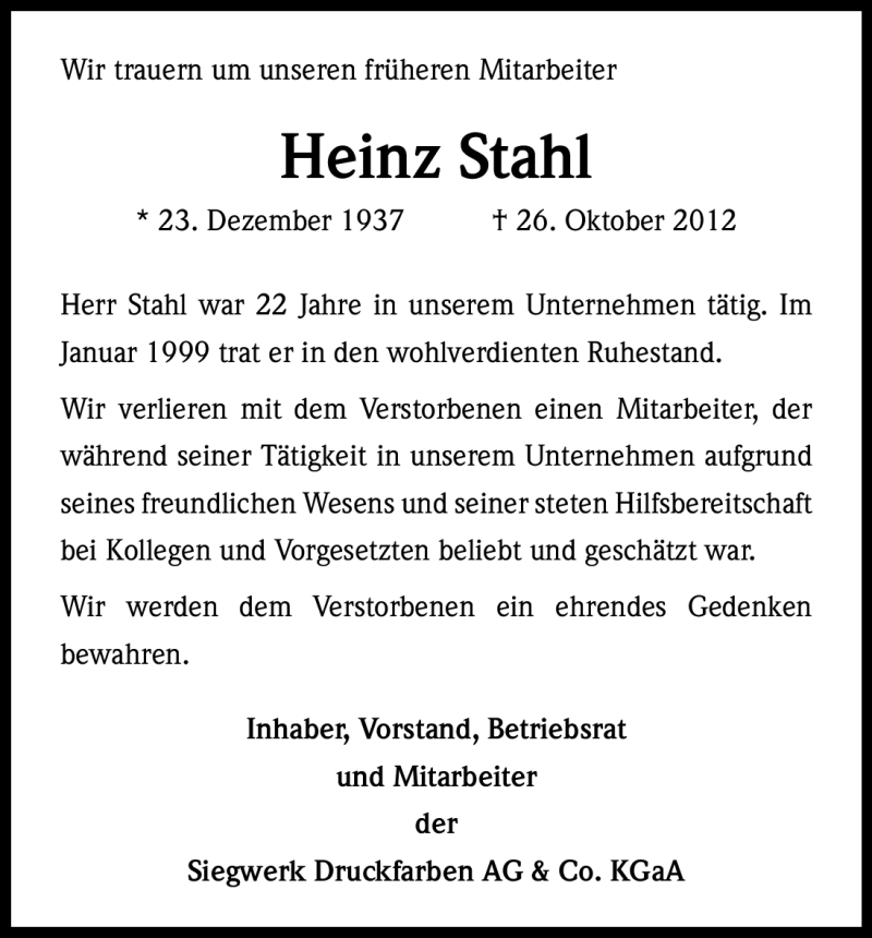  Traueranzeige für Heinz Stahl vom 06.11.2012 aus Kölner Stadt-Anzeiger / Kölnische Rundschau / Express