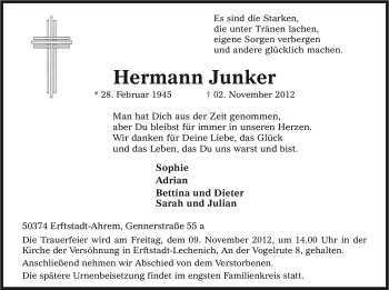 Anzeige von Hermann Junker von Kölner Stadt-Anzeiger / Kölnische Rundschau / Express