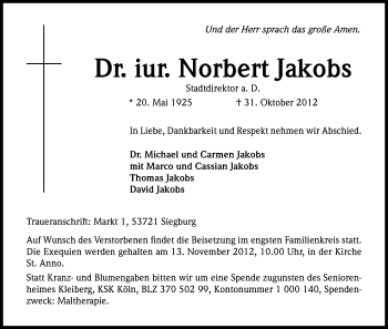 Anzeige von Norbert Jakobs von Kölner Stadt-Anzeiger / Kölnische Rundschau / Express