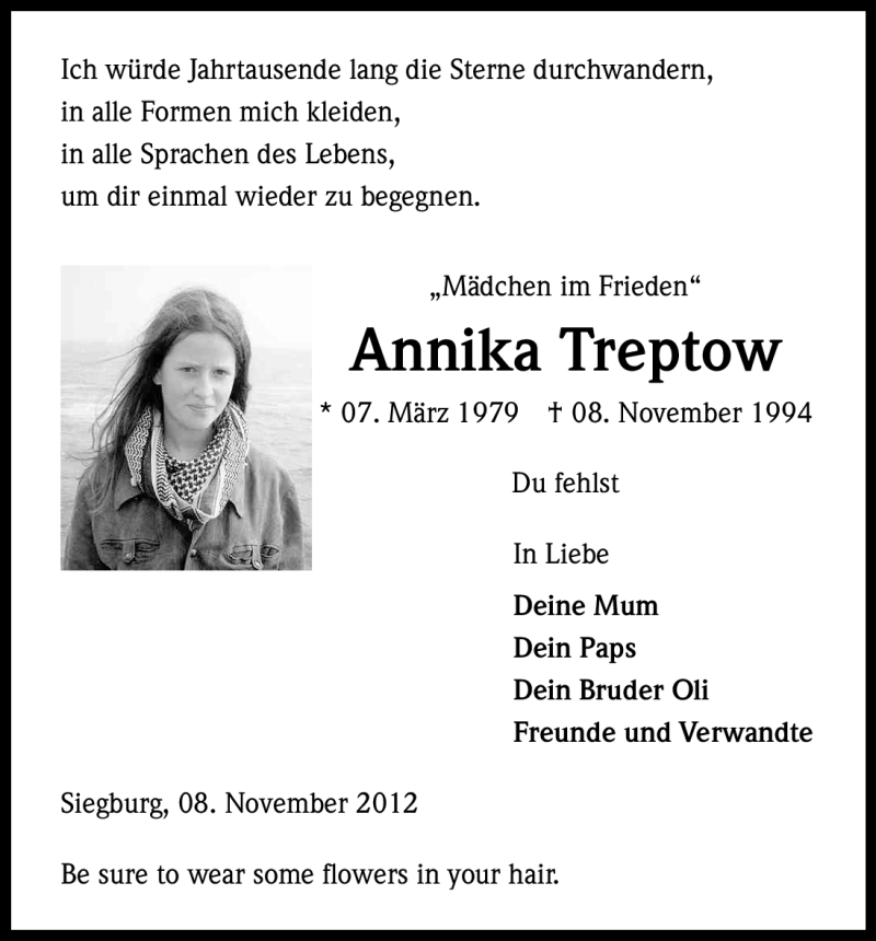  Traueranzeige für Annika Treptow vom 08.11.2012 aus Kölner Stadt-Anzeiger / Kölnische Rundschau / Express