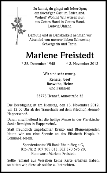 Anzeige von Marlene Freistedt von Kölner Stadt-Anzeiger / Kölnische Rundschau / Express