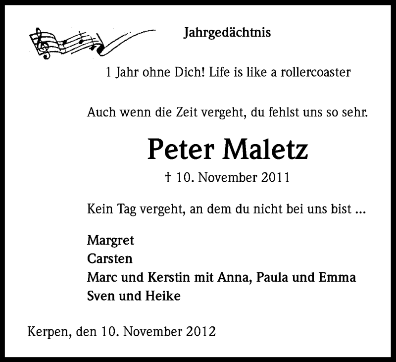  Traueranzeige für Peter Maletz vom 10.11.2012 aus Kölner Stadt-Anzeiger / Kölnische Rundschau / Express