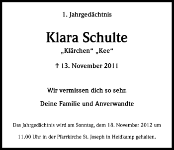 Anzeige von Klara Schulte von Kölner Stadt-Anzeiger / Kölnische Rundschau / Express