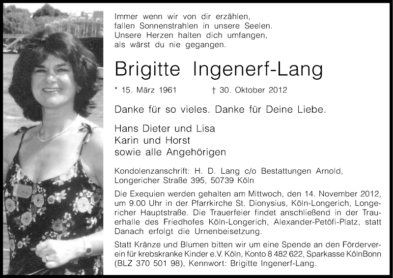  Traueranzeige für Brigitte Ingenerf-Lang vom 10.11.2012 aus Kölner Stadt-Anzeiger / Kölnische Rundschau / Express
