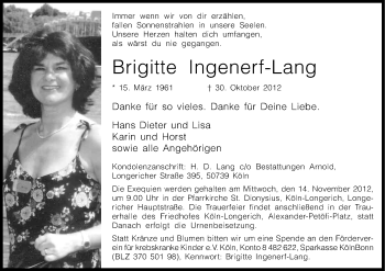 Anzeige von Brigitte Ingenerf-Lang von Kölner Stadt-Anzeiger / Kölnische Rundschau / Express