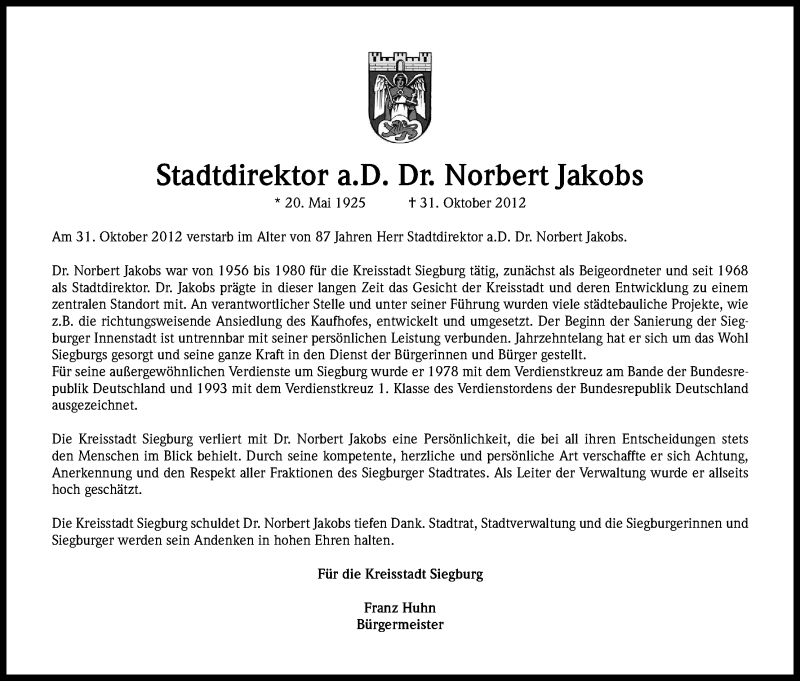  Traueranzeige für Norbert Jakobs vom 10.11.2012 aus Kölner Stadt-Anzeiger / Kölnische Rundschau / Express