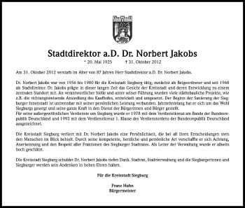 Anzeige von Norbert Jakobs von Kölner Stadt-Anzeiger / Kölnische Rundschau / Express