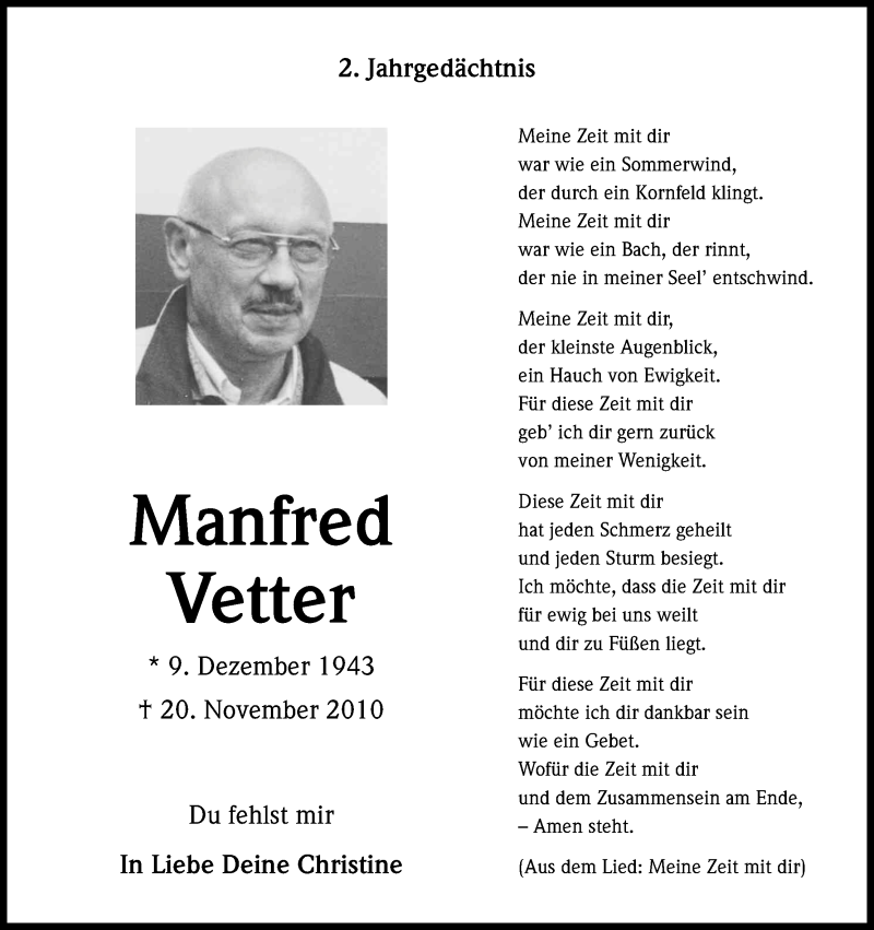  Traueranzeige für Manfred Vetter vom 20.11.2012 aus Kölner Stadt-Anzeiger / Kölnische Rundschau / Express