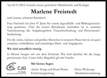 Anzeige von Marlene Freistedt von Kölner Stadt-Anzeiger / Kölnische Rundschau / Express