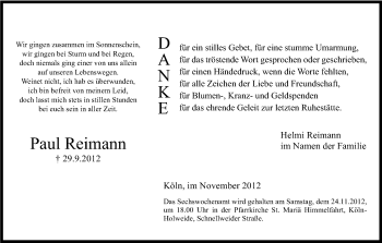 Anzeige von Paul Reimann von Kölner Stadt-Anzeiger / Kölnische Rundschau / Express